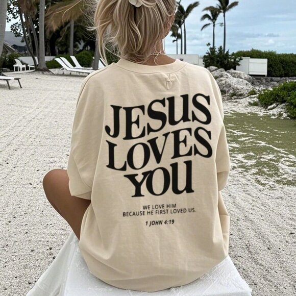 Apricot Casual Women's Jeus loves you Round Neck Short Sleeved T-Shirt - Picture 5 of 5